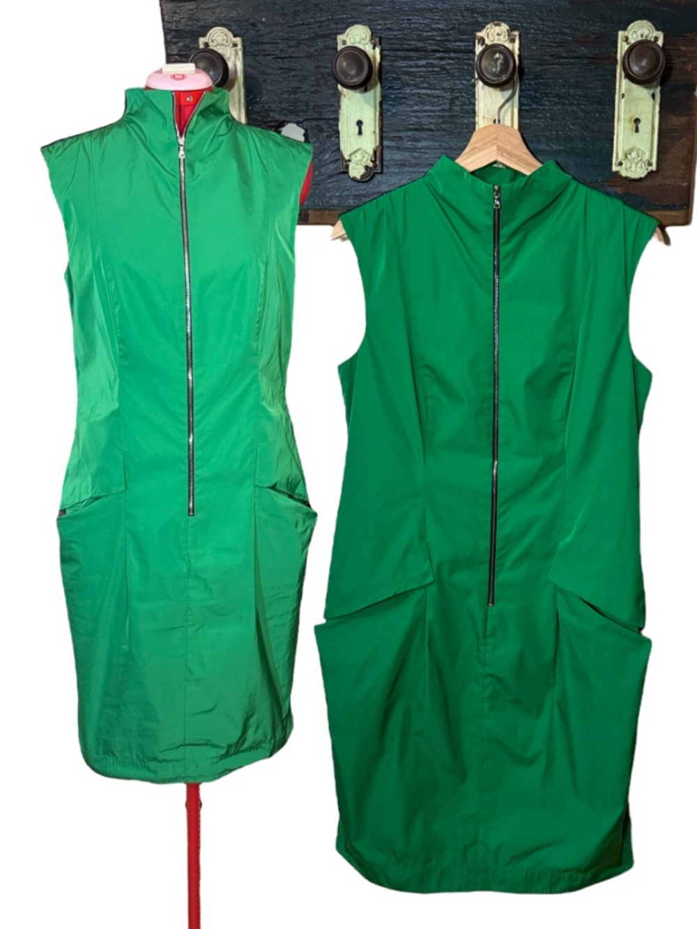 Lida Baday Sleeveless Sporty Utilitarian Kelly Green Zip-Front Nylon-Like Dress